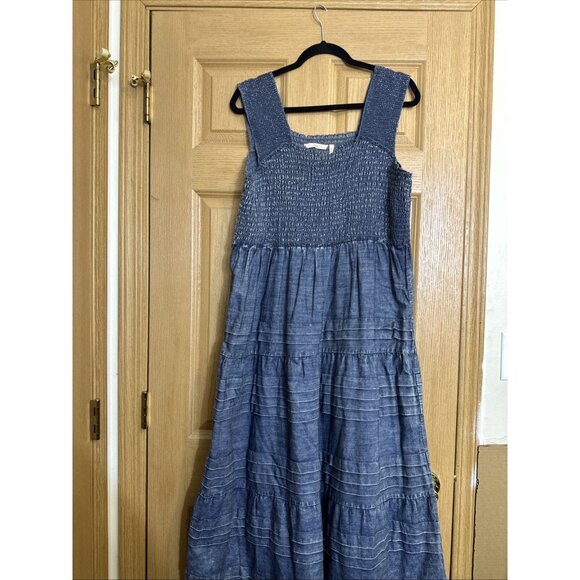 Soft Surroundings Chambray Smocked Tiered Maxi Dress Women’s Petite XL Blue - Picture 3 of 11